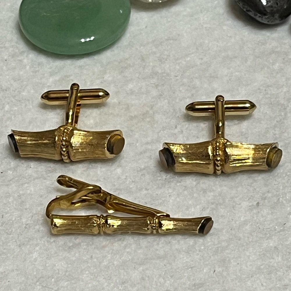 Swank Karat Gold Vintage Bamboo Tigers Eye Cufflinks Tie Clip